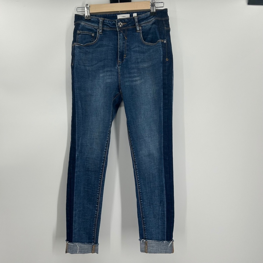 A Loves A Womens Two Tone Skinny Jeans Blue Contrast Stripe Raw Hem Size 27